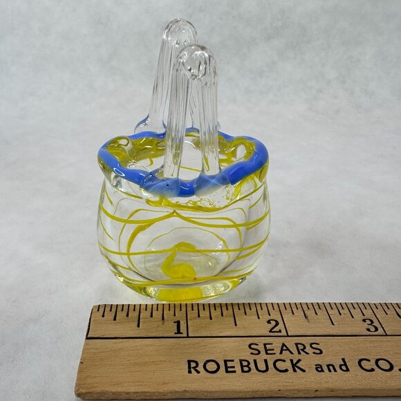 Vintage Handblown Art Glass MINI Basket Purse Blue & Yellow Swirls 2 Inch Decor - Picture 4 of 11